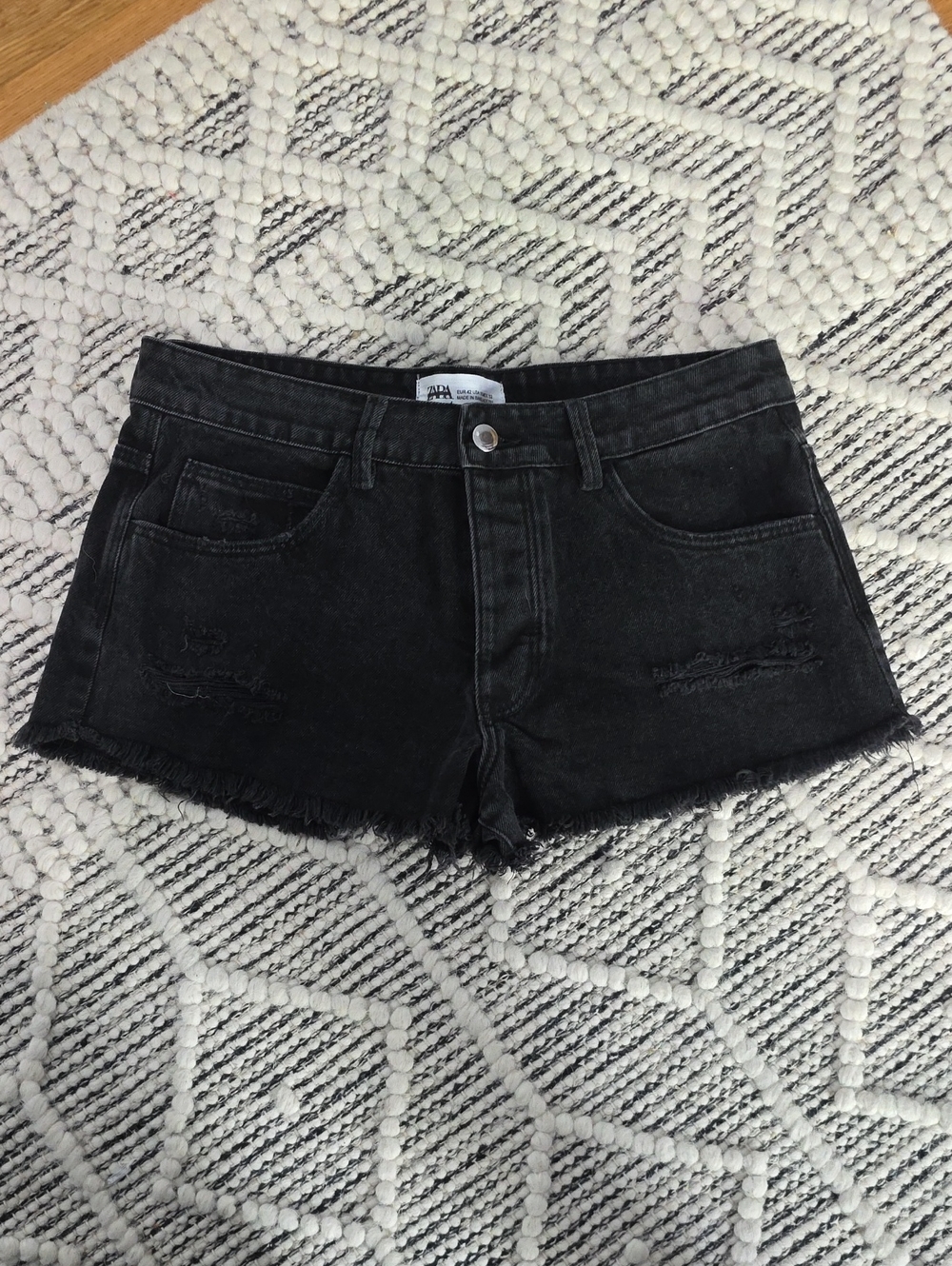 Zara Black Washed Distressed Denim Shorts